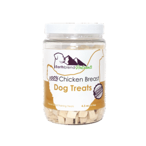 Earthblend Naturals Chicken Breast Treats. A jar of dried chicken breast treats with a yellow label.